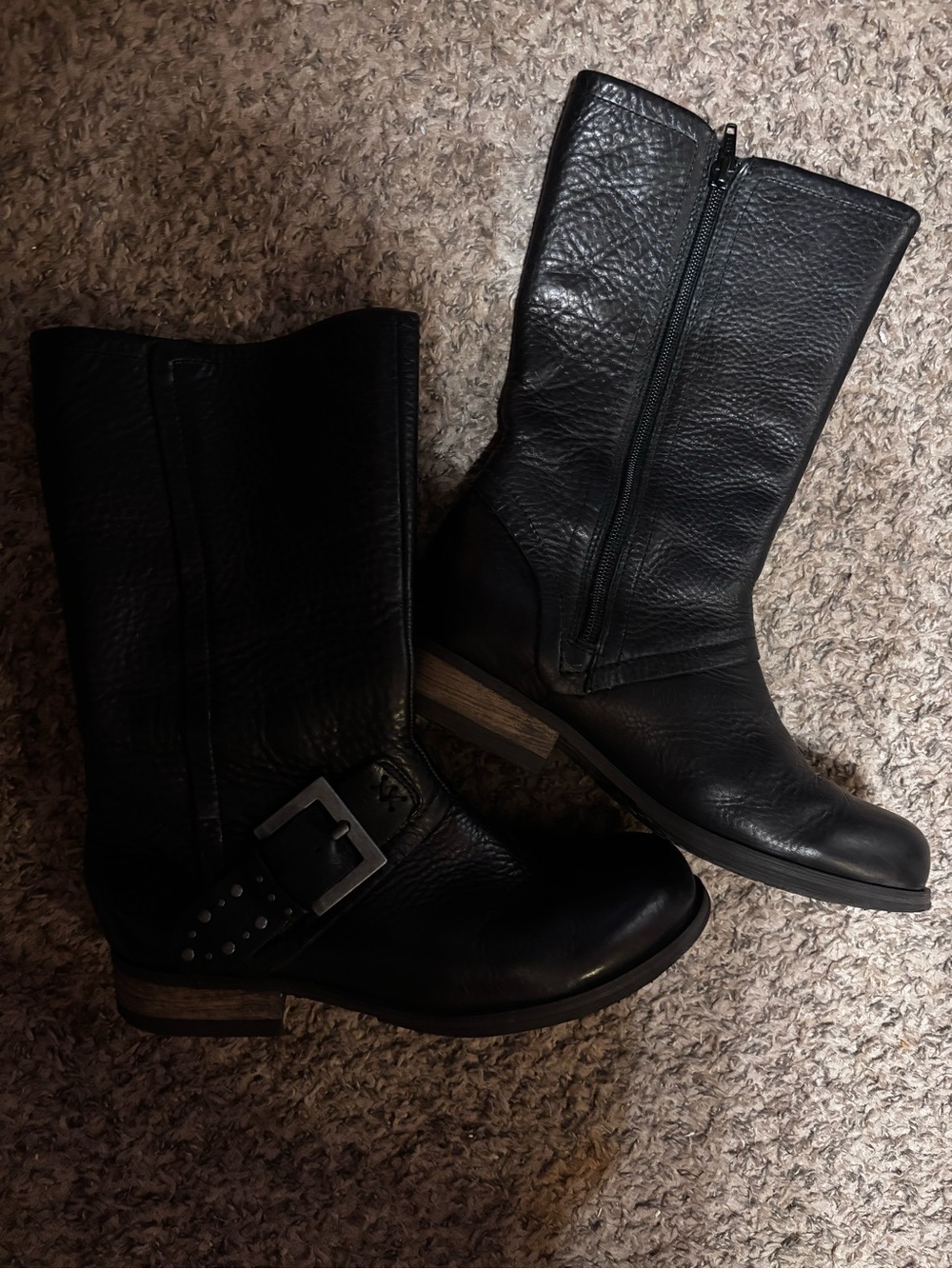 Caterpillar Black Leather Mid-Calf Zip Moto Boots with Buckle Accent